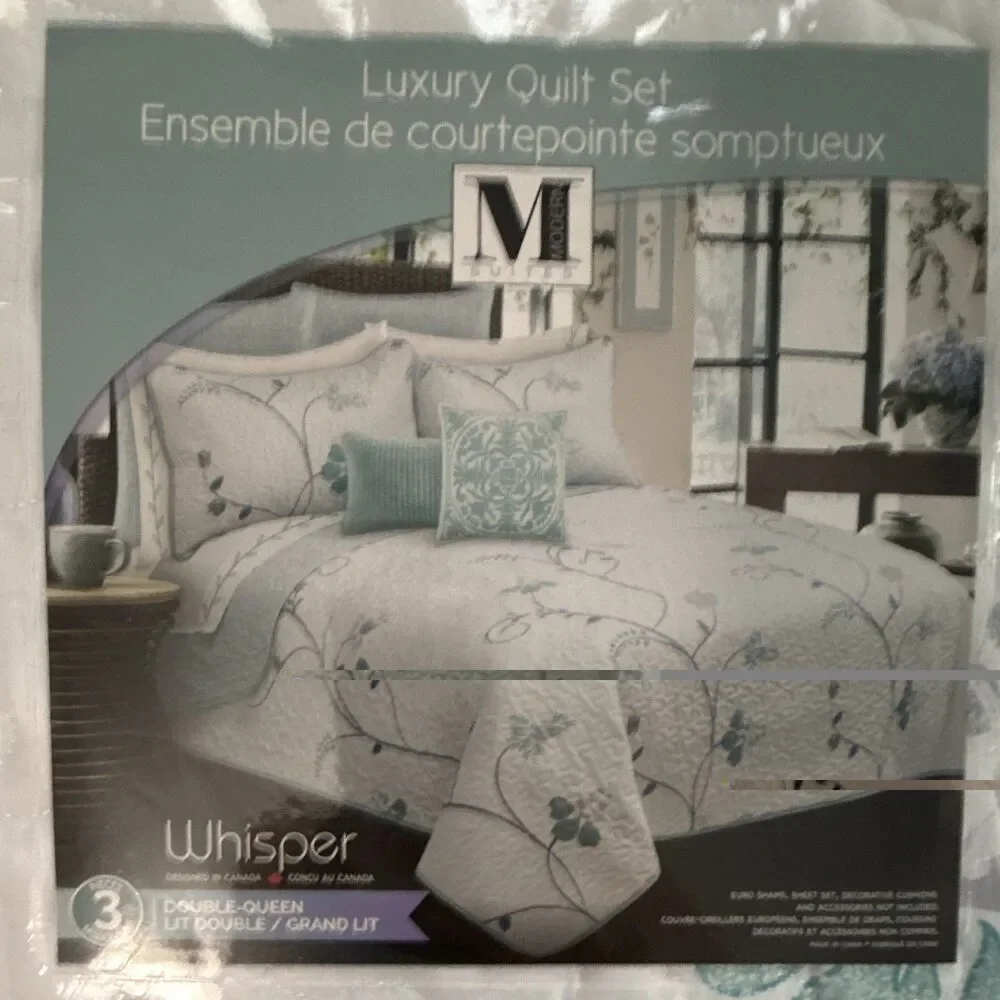 M Style Whisper Floral Quilt Set Double-Queen White/Blue/Green 90x90